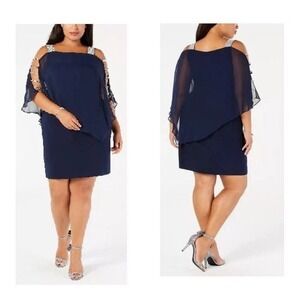 Roz &‎ Ali Rhinestone Trim Chiffon Overlay Cocktail Party Dress Navy Blue Sz 1x